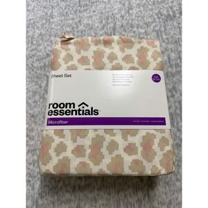 Room Essentials Twin XL Microfiber Sheet Set Pink Tan Leopard Print 3pc New